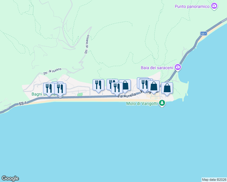 map of restaurants, bars, coffee shops, grocery stores, and more near 2 Vicolo delle Stelle in Varigotti