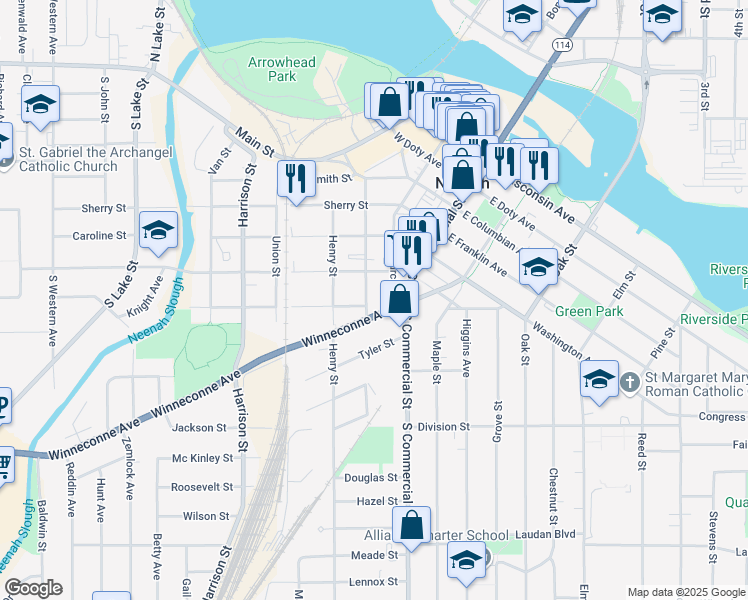 map of restaurants, bars, coffee shops, grocery stores, and more near 609 Isabella Street in Neenah