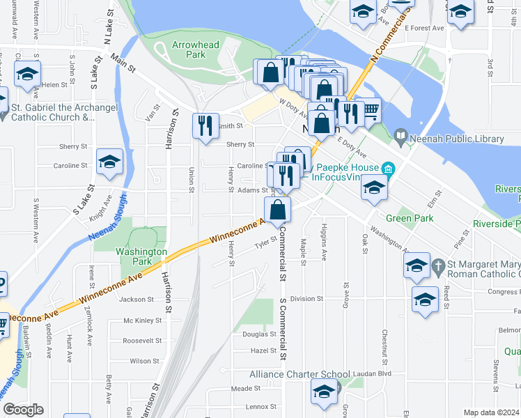 map of restaurants, bars, coffee shops, grocery stores, and more near 622 Isabella Street in Neenah