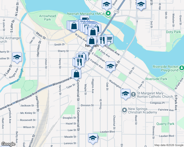 map of restaurants, bars, coffee shops, grocery stores, and more near 504 Walnut Street in Neenah