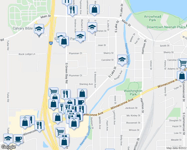 map of restaurants, bars, coffee shops, grocery stores, and more near 517 South Western Avenue in Neenah