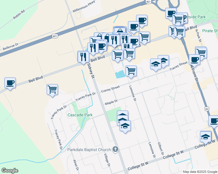 map of restaurants, bars, coffee shops, grocery stores, and more near 22 Tracey Street in Belleville