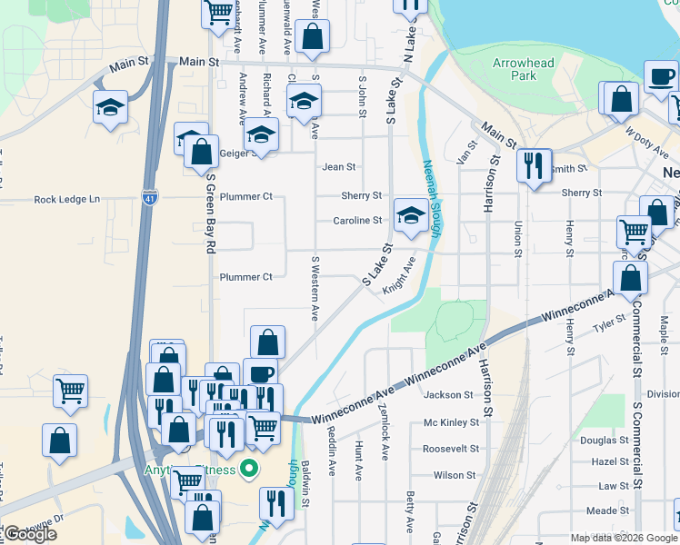 map of restaurants, bars, coffee shops, grocery stores, and more near 923 Riverlawn Street in Neenah