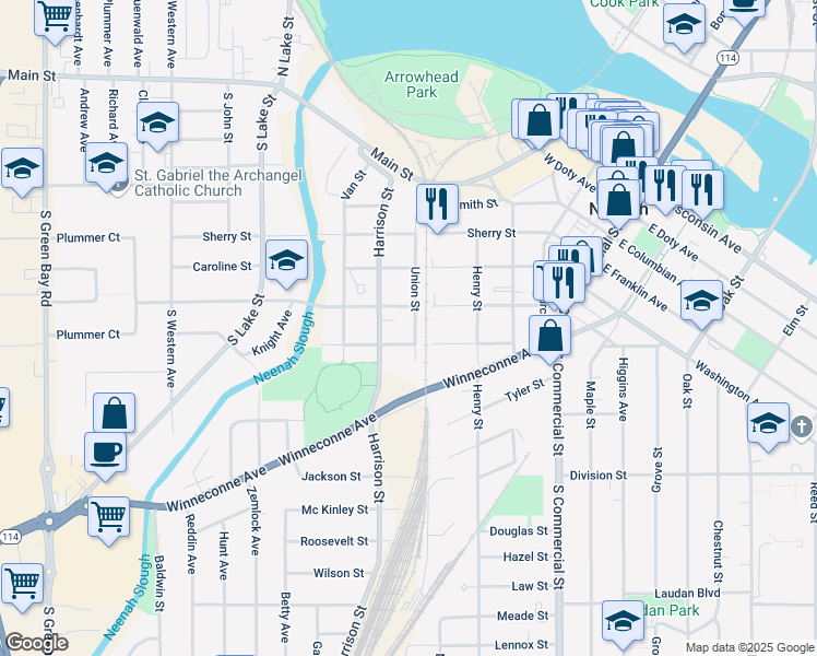 map of restaurants, bars, coffee shops, grocery stores, and more near 415 Union Street in Neenah