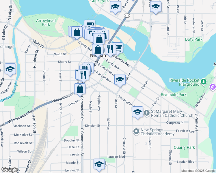 map of restaurants, bars, coffee shops, grocery stores, and more near 222 Washington Avenue in Neenah