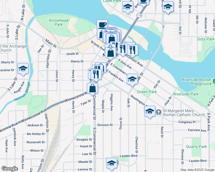 map of restaurants, bars, coffee shops, grocery stores, and more near 205 East Winneconne Avenue in Neenah
