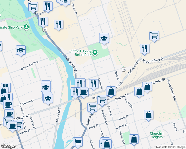 map of restaurants, bars, coffee shops, grocery stores, and more near 36 Centre Street in Belleville