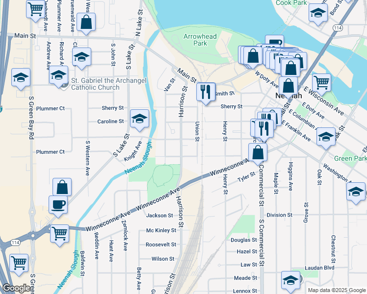 map of restaurants, bars, coffee shops, grocery stores, and more near 406 Harrison Street in Neenah