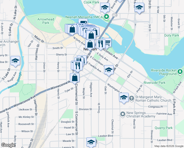 map of restaurants, bars, coffee shops, grocery stores, and more near 504 Walnut Street in Neenah
