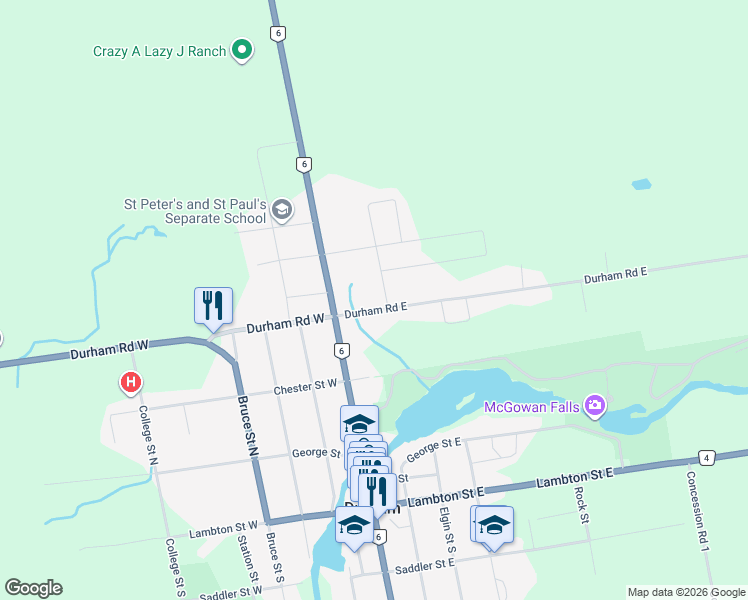 map of restaurants, bars, coffee shops, grocery stores, and more near 240 Durham Road East in Durham