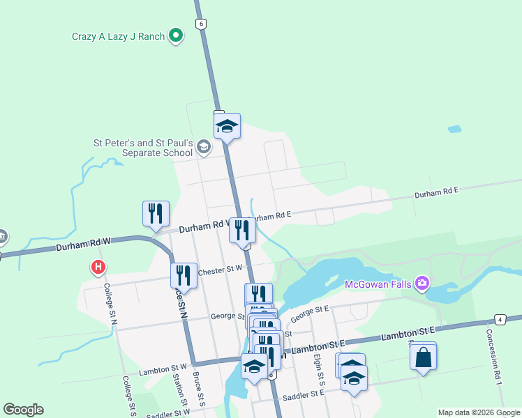 map of restaurants, bars, coffee shops, grocery stores, and more near 240 Durham Road East in Durham