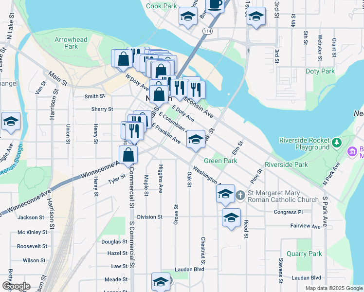 map of restaurants, bars, coffee shops, grocery stores, and more near 227 East Franklin Avenue in Neenah