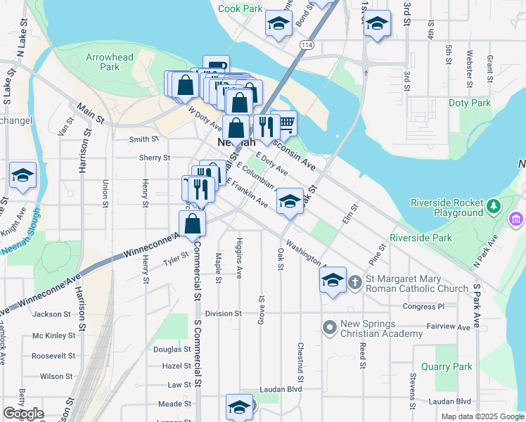 map of restaurants, bars, coffee shops, grocery stores, and more near 222 Washington Avenue in Neenah