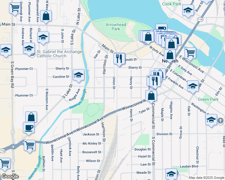 map of restaurants, bars, coffee shops, grocery stores, and more near 406 Harrison Street in Neenah