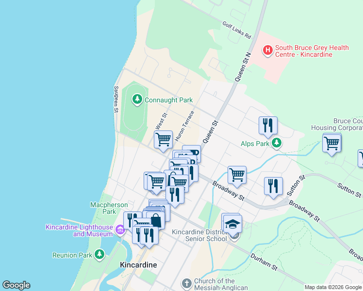 map of restaurants, bars, coffee shops, grocery stores, and more near 256 Mechanics Avenue in Kincardine