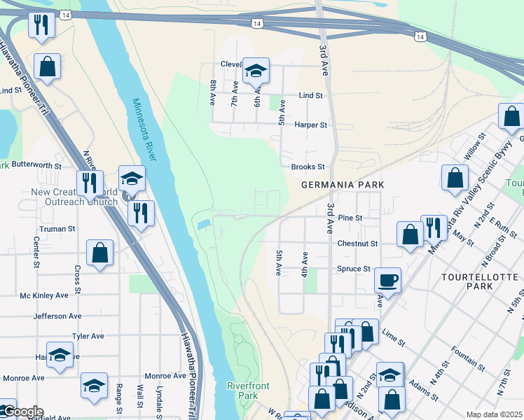 map of restaurants, bars, coffee shops, grocery stores, and more near 1702 6th Avenue in Mankato