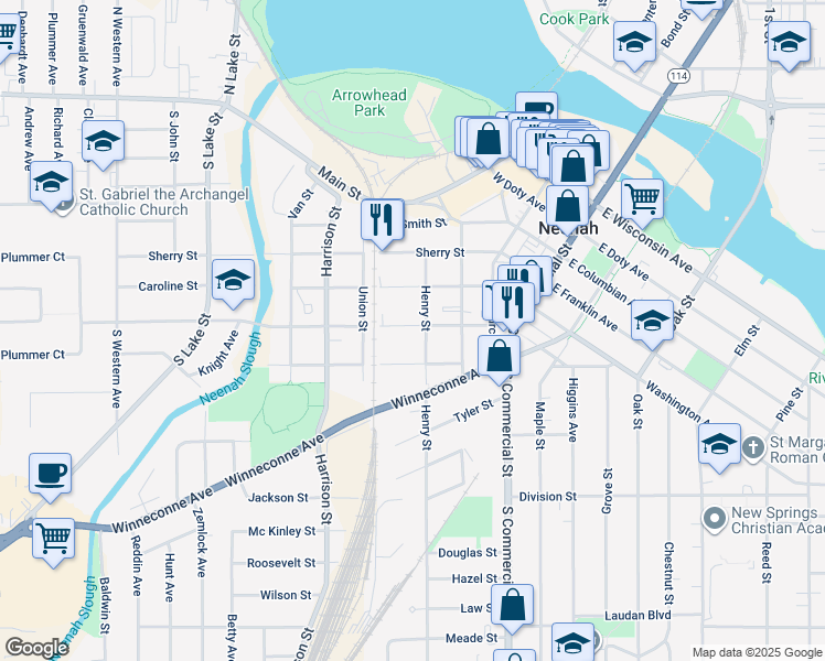 map of restaurants, bars, coffee shops, grocery stores, and more near 412 Adams Street in Neenah