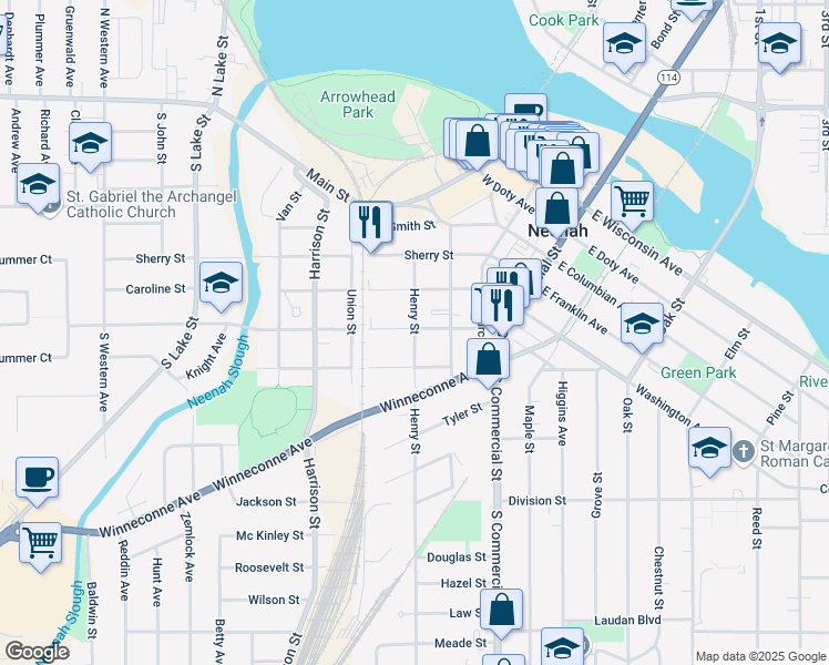 map of restaurants, bars, coffee shops, grocery stores, and more near 611 Henry St in Neenah
