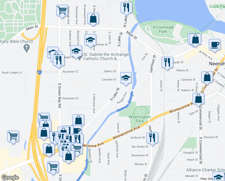 map of restaurants, bars, coffee shops, grocery stores, and more near 925 Adams Street in Neenah