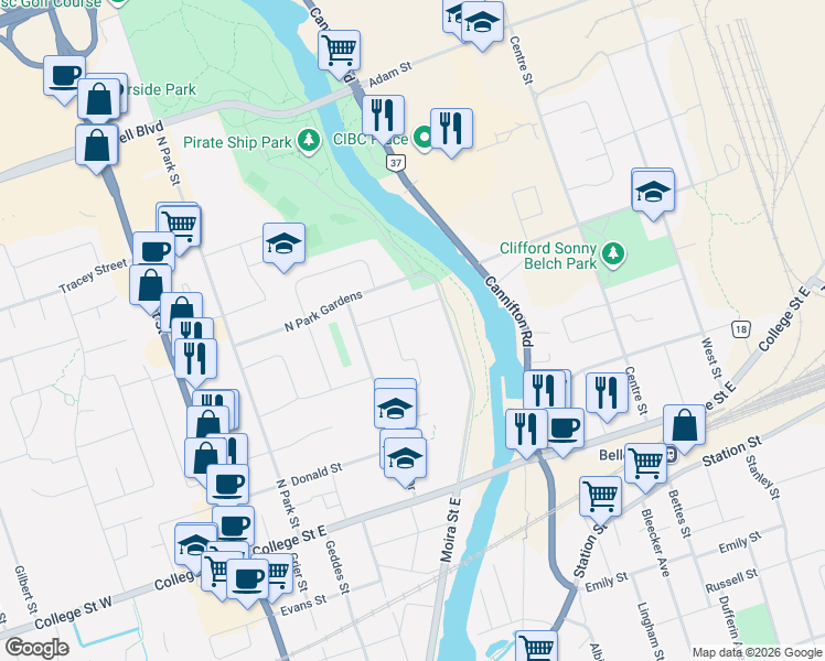 map of restaurants, bars, coffee shops, grocery stores, and more near 23 Elvins Gardens in Belleville