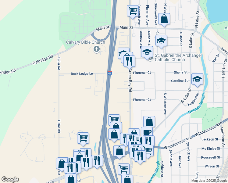 map of restaurants, bars, coffee shops, grocery stores, and more near Interstate 41 in Neenah