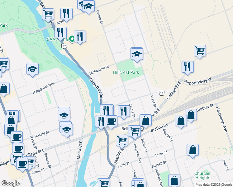 map of restaurants, bars, coffee shops, grocery stores, and more near 12 Follwell Crescent in Belleville