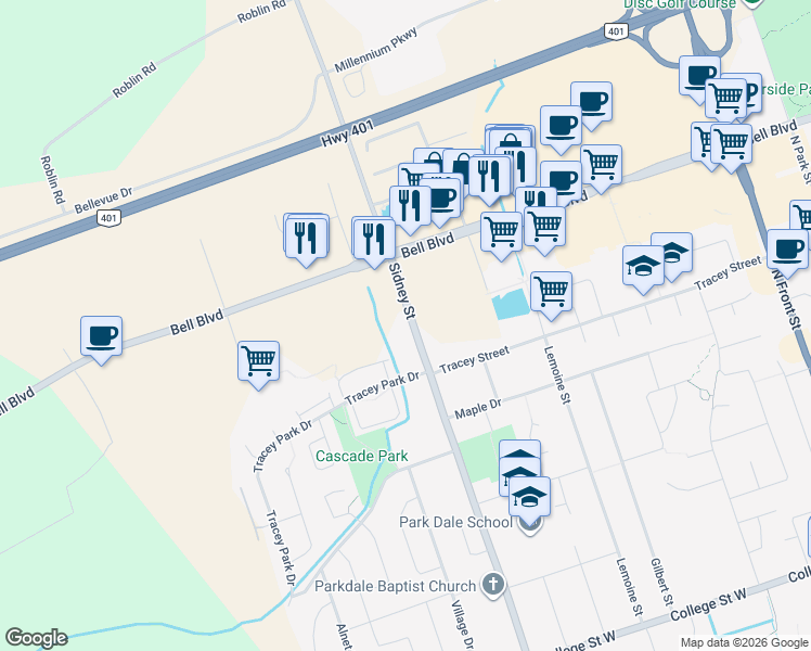 map of restaurants, bars, coffee shops, grocery stores, and more near 656 Sidney Street in Belleville