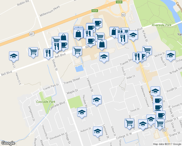 map of restaurants, bars, coffee shops, grocery stores, and more near 68 Tracey Street in Belleville