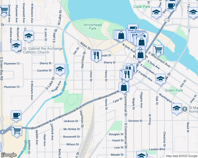 map of restaurants, bars, coffee shops, grocery stores, and more near 421 Adams Street in Neenah