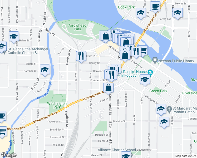 map of restaurants, bars, coffee shops, grocery stores, and more near 311 Adams Street in Neenah