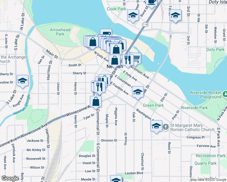 map of restaurants, bars, coffee shops, grocery stores, and more near 120 East Franklin Avenue in Neenah