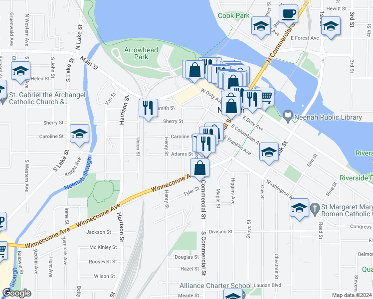 map of restaurants, bars, coffee shops, grocery stores, and more near 518 Isabella Street in Neenah