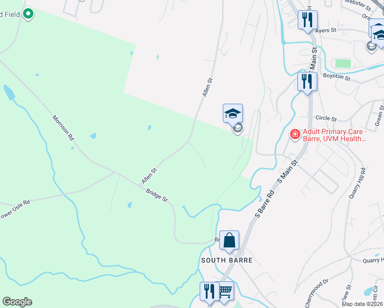 map of restaurants, bars, coffee shops, grocery stores, and more near 182 Allen Street in Barre