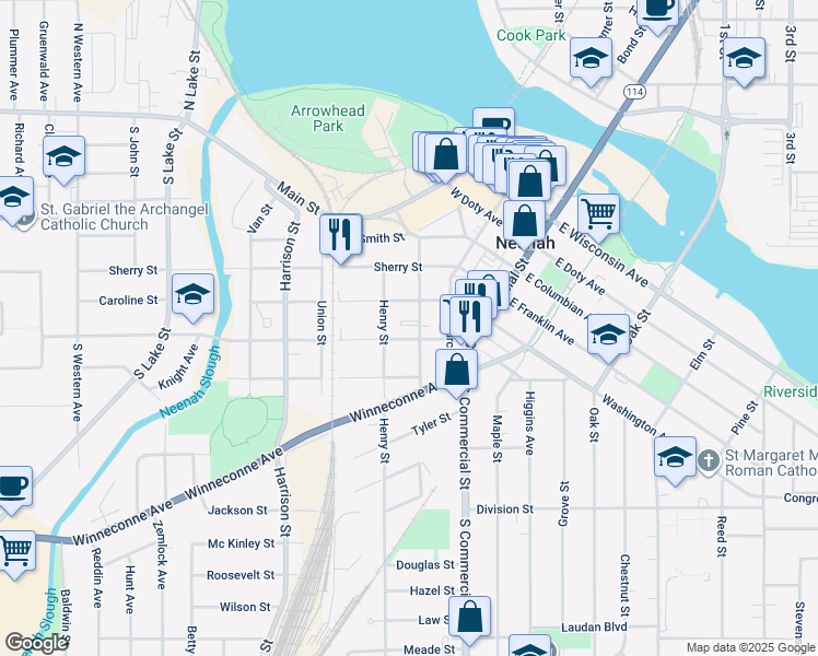 map of restaurants, bars, coffee shops, grocery stores, and more near 304 Caroline Street in Neenah