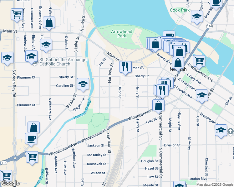 map of restaurants, bars, coffee shops, grocery stores, and more near 512 Caroline Street in Neenah