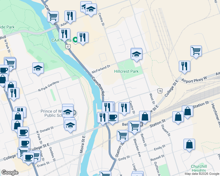map of restaurants, bars, coffee shops, grocery stores, and more near 43 Follwell Crescent in Belleville