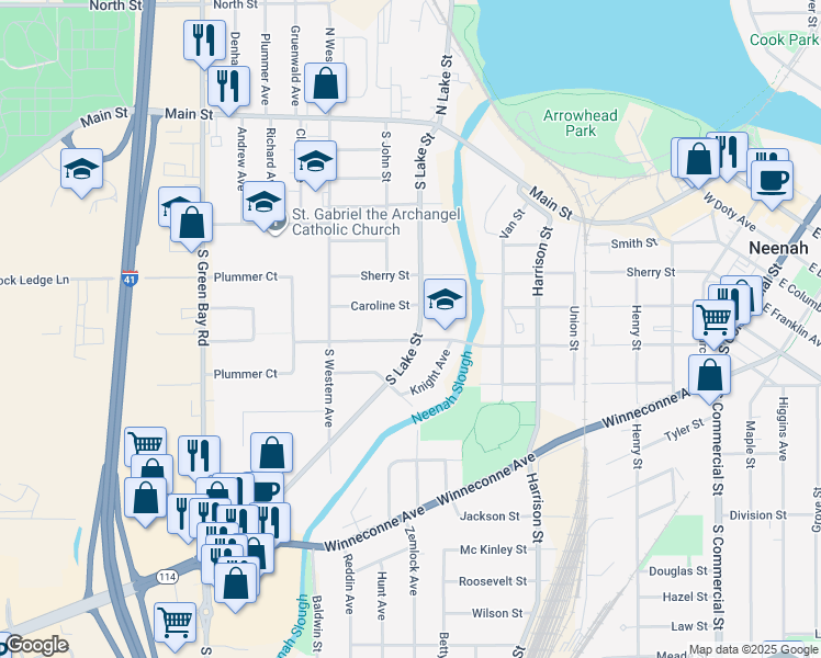 map of restaurants, bars, coffee shops, grocery stores, and more near 915 Caroline Street in Neenah