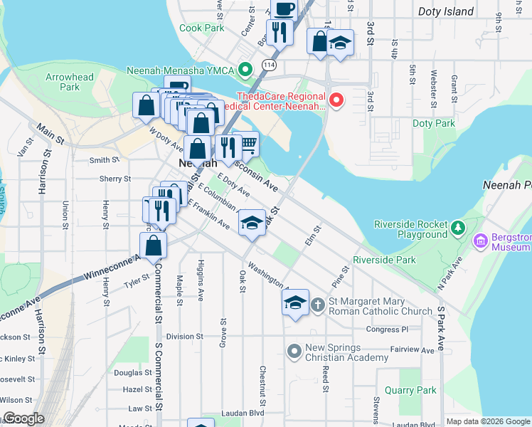 map of restaurants, bars, coffee shops, grocery stores, and more near 243 East Doty Avenue in Neenah