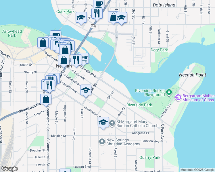map of restaurants, bars, coffee shops, grocery stores, and more near 331 East Wisconsin Avenue in Neenah