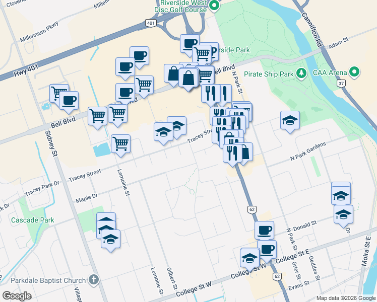 map of restaurants, bars, coffee shops, grocery stores, and more near in Belleville