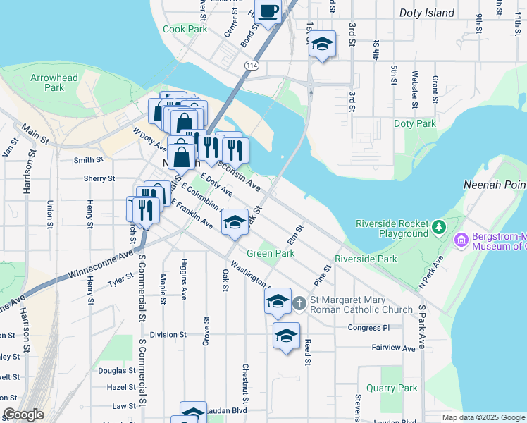 map of restaurants, bars, coffee shops, grocery stores, and more near 250 East Doty Avenue in Neenah