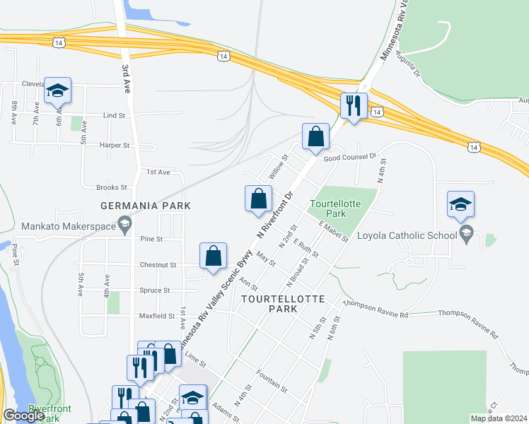 map of restaurants, bars, coffee shops, grocery stores, and more near 1728 North Riverfront Drive in Mankato