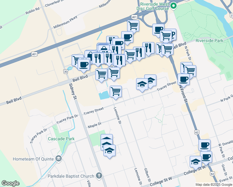 map of restaurants, bars, coffee shops, grocery stores, and more near 40 Springbrook Crescent in Belleville