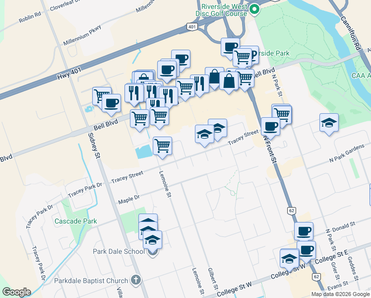 map of restaurants, bars, coffee shops, grocery stores, and more near 8 Springbrook Crescent in Belleville