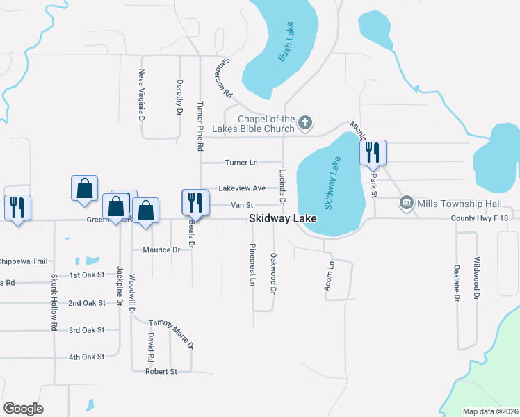map of restaurants, bars, coffee shops, grocery stores, and more near in Mills Township