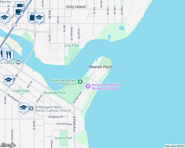map of restaurants, bars, coffee shops, grocery stores, and more near 220 North Park Avenue in Neenah