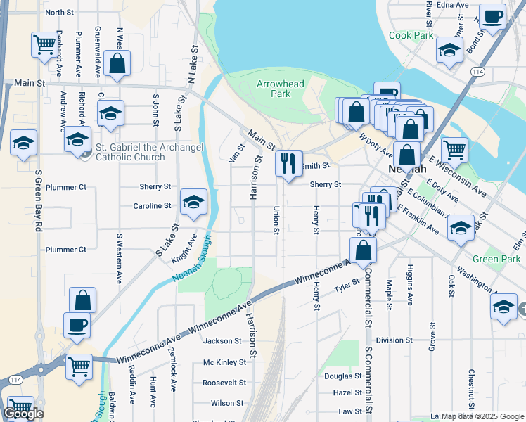 map of restaurants, bars, coffee shops, grocery stores, and more near 512 Caroline Street in Neenah