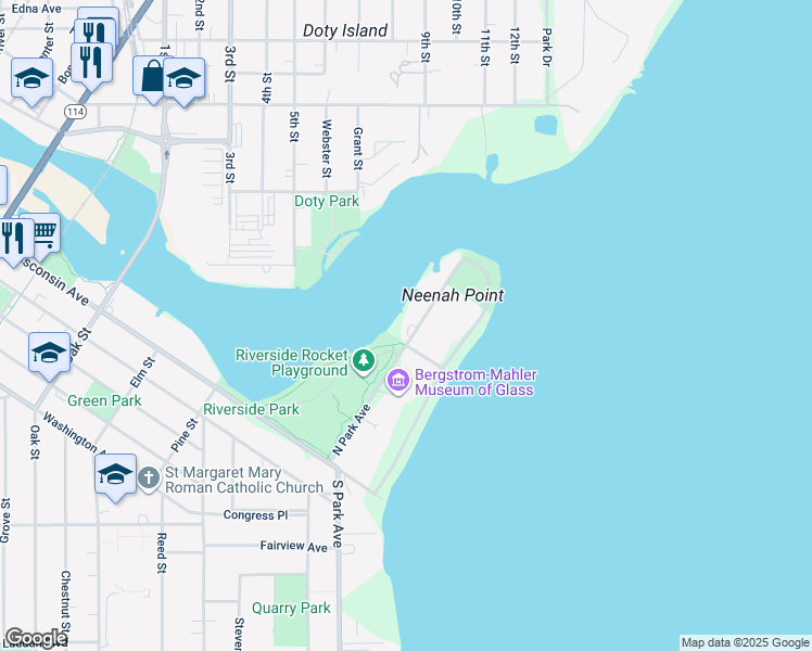 map of restaurants, bars, coffee shops, grocery stores, and more near 220 North Park Avenue in Neenah