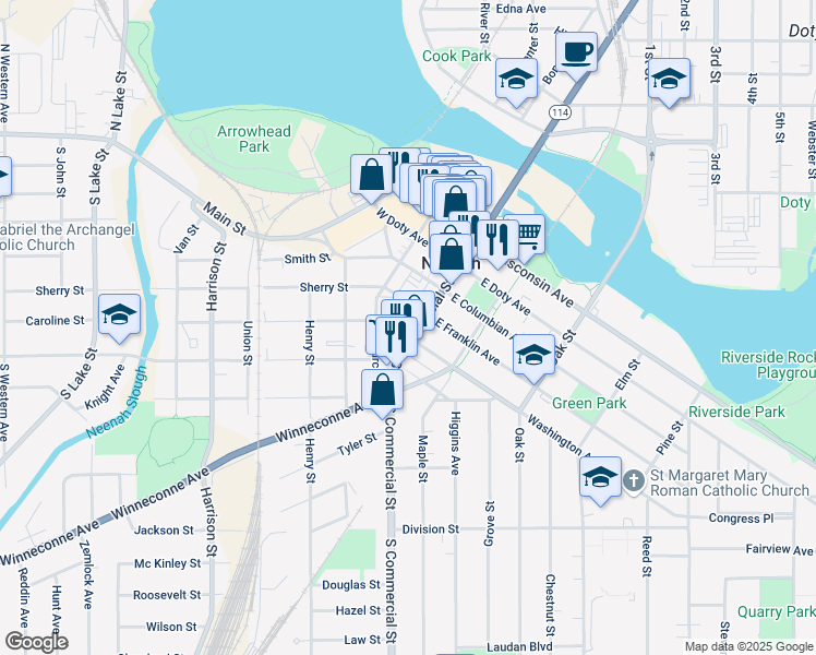 map of restaurants, bars, coffee shops, grocery stores, and more near 415 South Commercial Street in Neenah