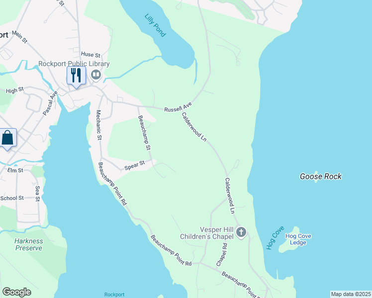 map of restaurants, bars, coffee shops, grocery stores, and more near 212 Calderwood Lane in Rockport